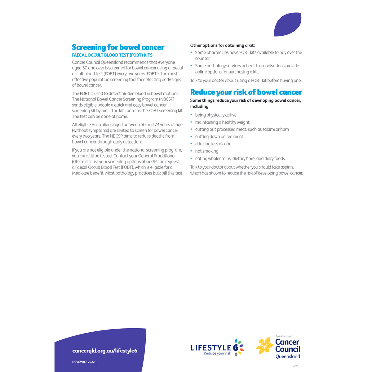 Lifestyle 6 Bowel Cancer Screening (PDF Download) Cancer Council