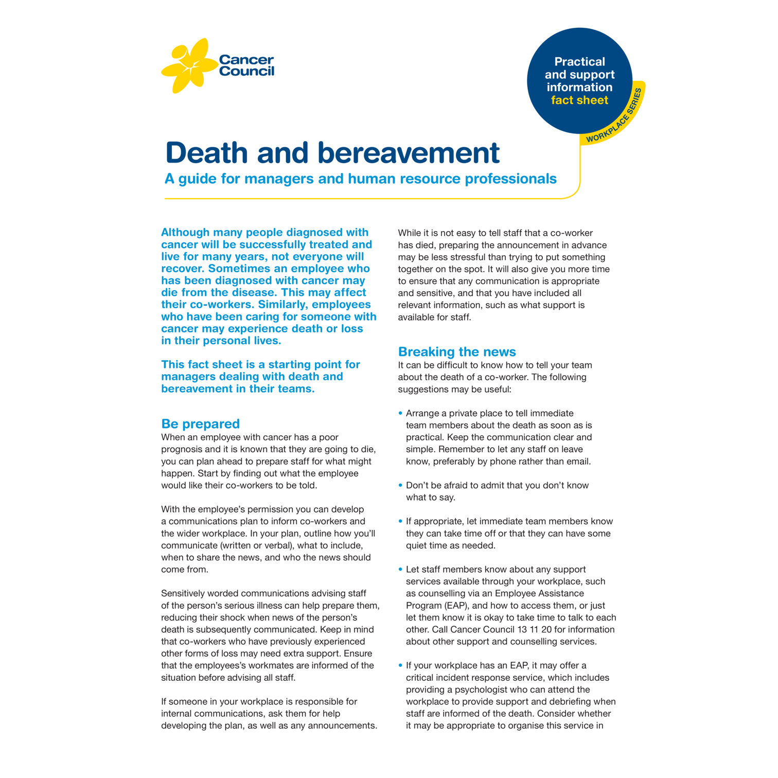 Employee Death Checklist.pdf HR: Death and Bereavement (Digital PDF) – Cancer Council Queensland ...